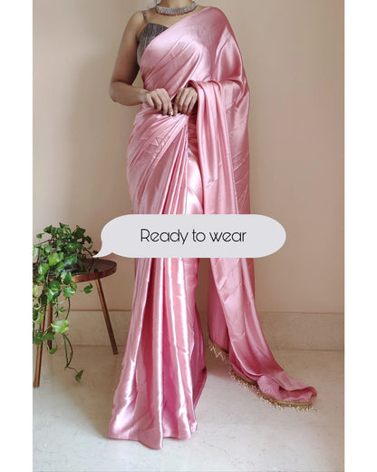 1-MIN READY TO WEAR  Old Rose Satin Silk Saree With Handmade Tassels On Pallu