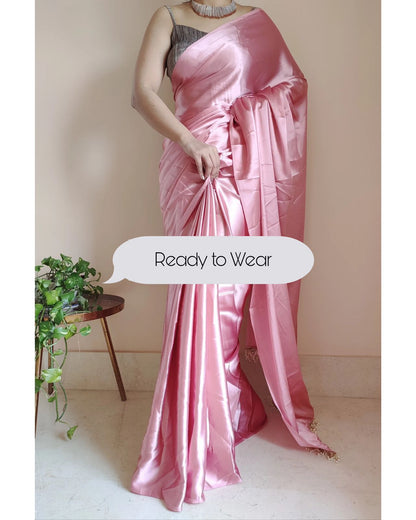 1-MIN READY TO WEAR  Old Rose Satin Silk Saree With Handmade Tassels On Pallu