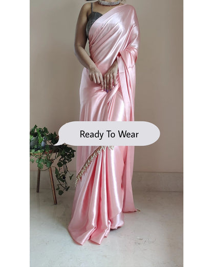 1-MIN READY TO WEAR  Peach Satin Silk Saree With Handmade Tassels On Pallu