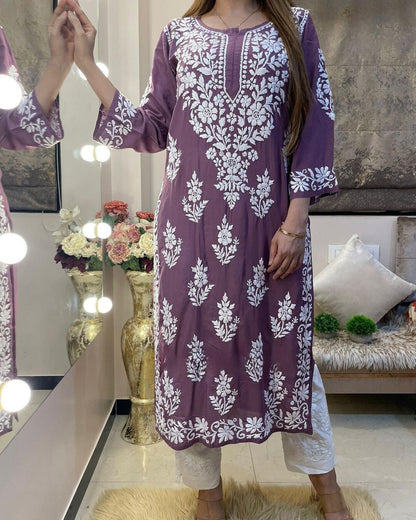 Purple Rayon Cotton Chikankari Kurta With Pant