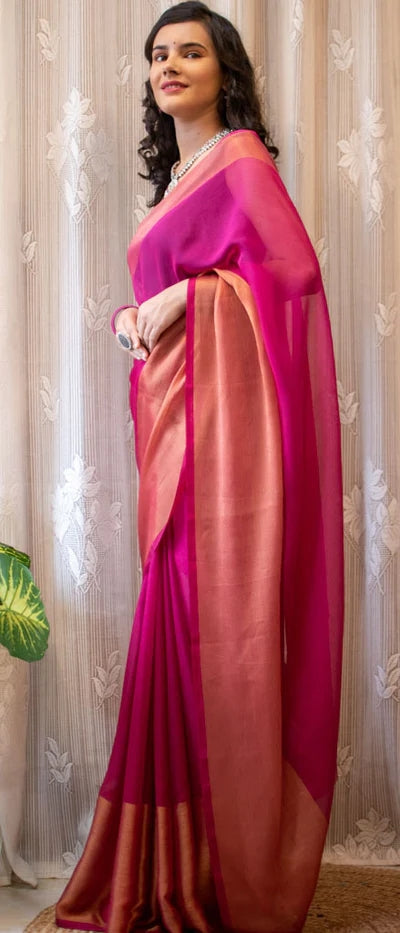 1-MIN READY TO WEAR SAREE IN PREMIUM CHIFFON SILK WITH ZARI PATTA