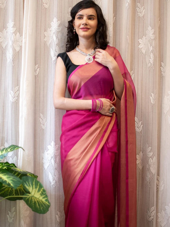 1-MIN READY TO WEAR SAREE IN PREMIUM CHIFFON SILK WITH ZARI PATTA