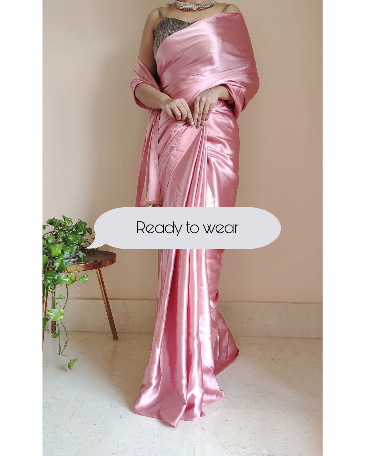 1-MIN READY TO WEAR  Old Rose Satin Silk Saree With Handmade Tassels On Pallu