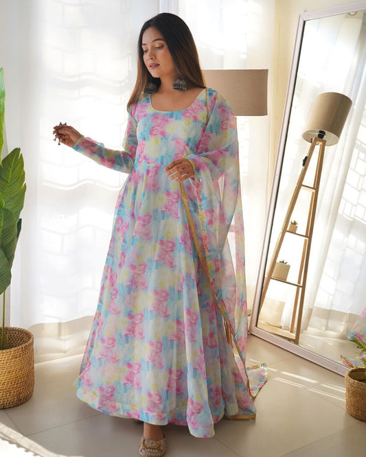 Shibori Printed White Pure Organza Anarkali Gown