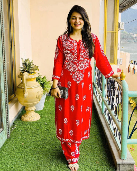 Rayon Cotton Chikankari Kurta With Palazzo Set