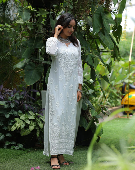 White Viscose Georgette Chikankari Kurta With Pant