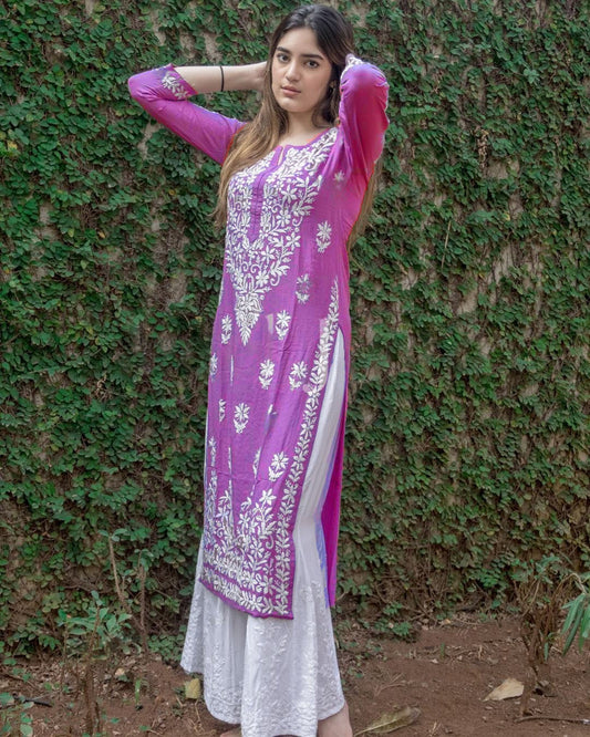 Purple Rayon Cotton Chikankari Kurta With Palazzo