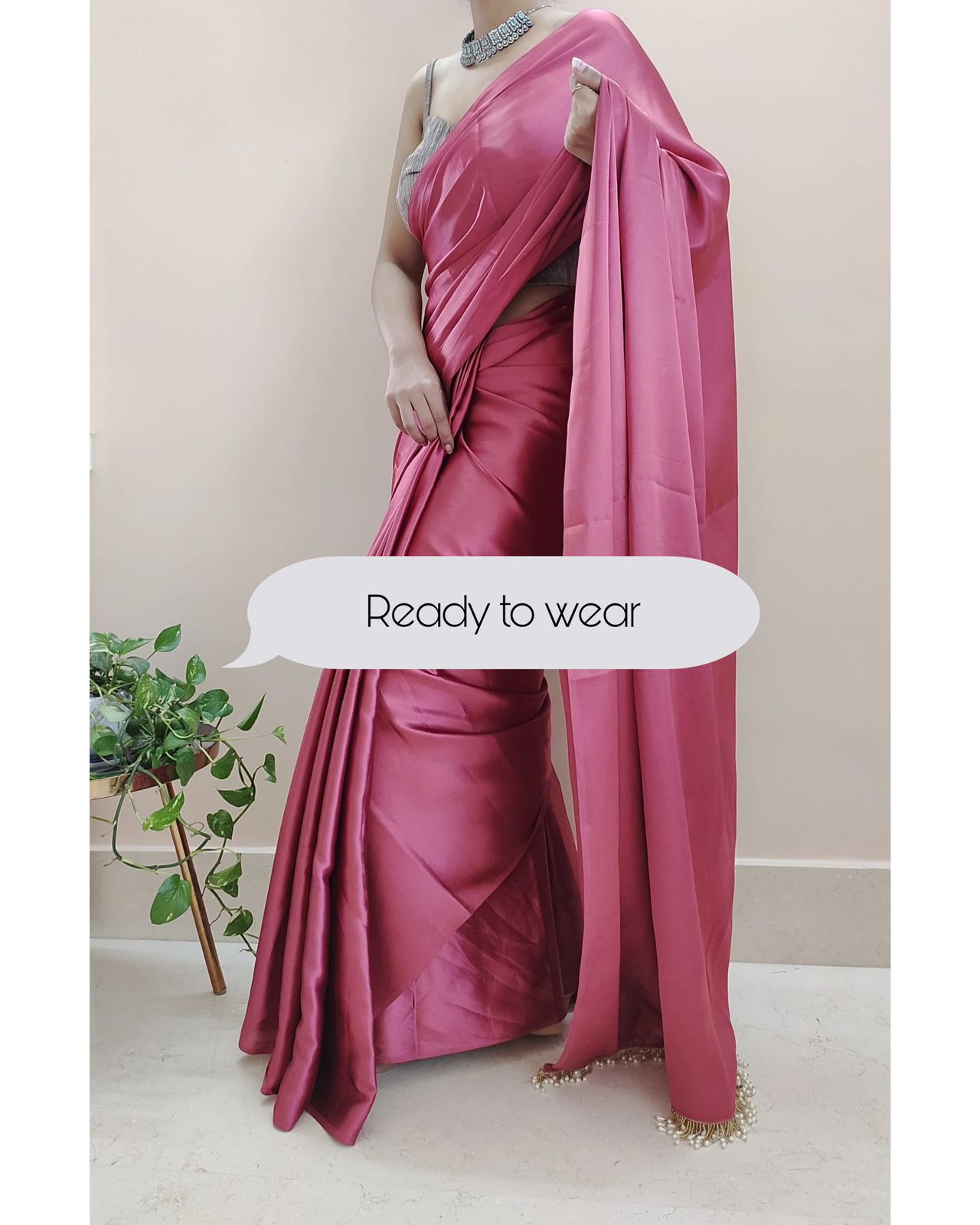 1-MIN READY TO WEAR  Rose Pink Satin Silk Saree With Handmade Tassels On Pallu