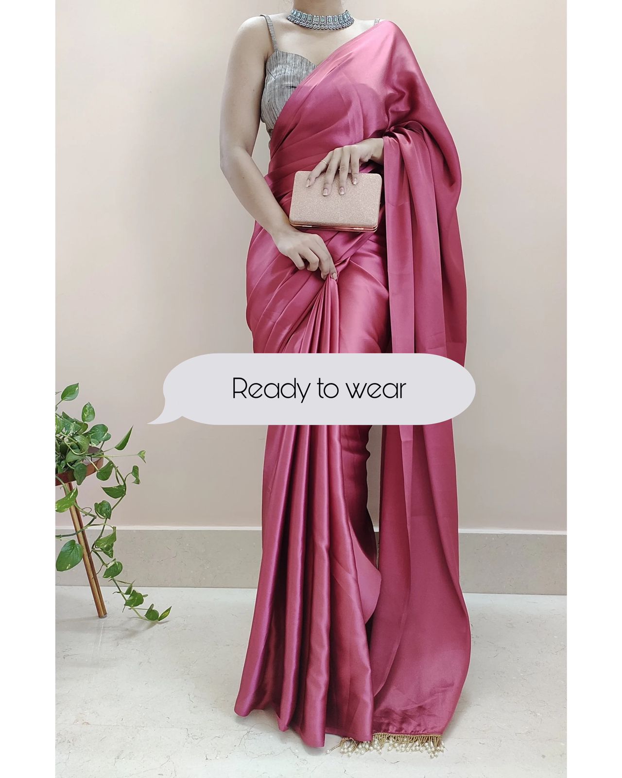 1-MIN READY TO WEAR  Rose Pink Satin Silk Saree With Handmade Tassels On Pallu