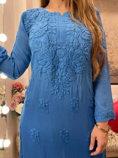 Blue Viscose Georgette Chikankari Kurta With Palazzo