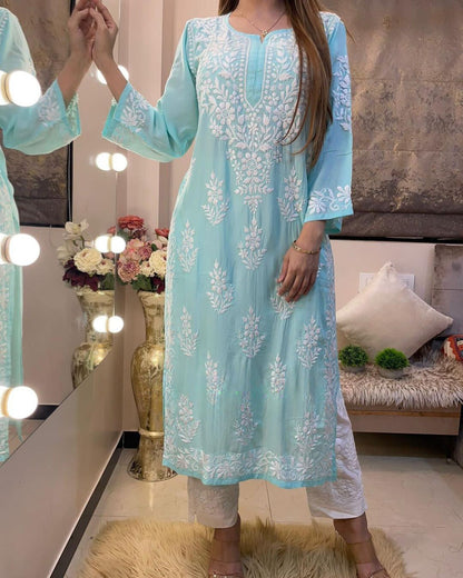 Rayon Cotton Chikankari Kurta With Pant Set