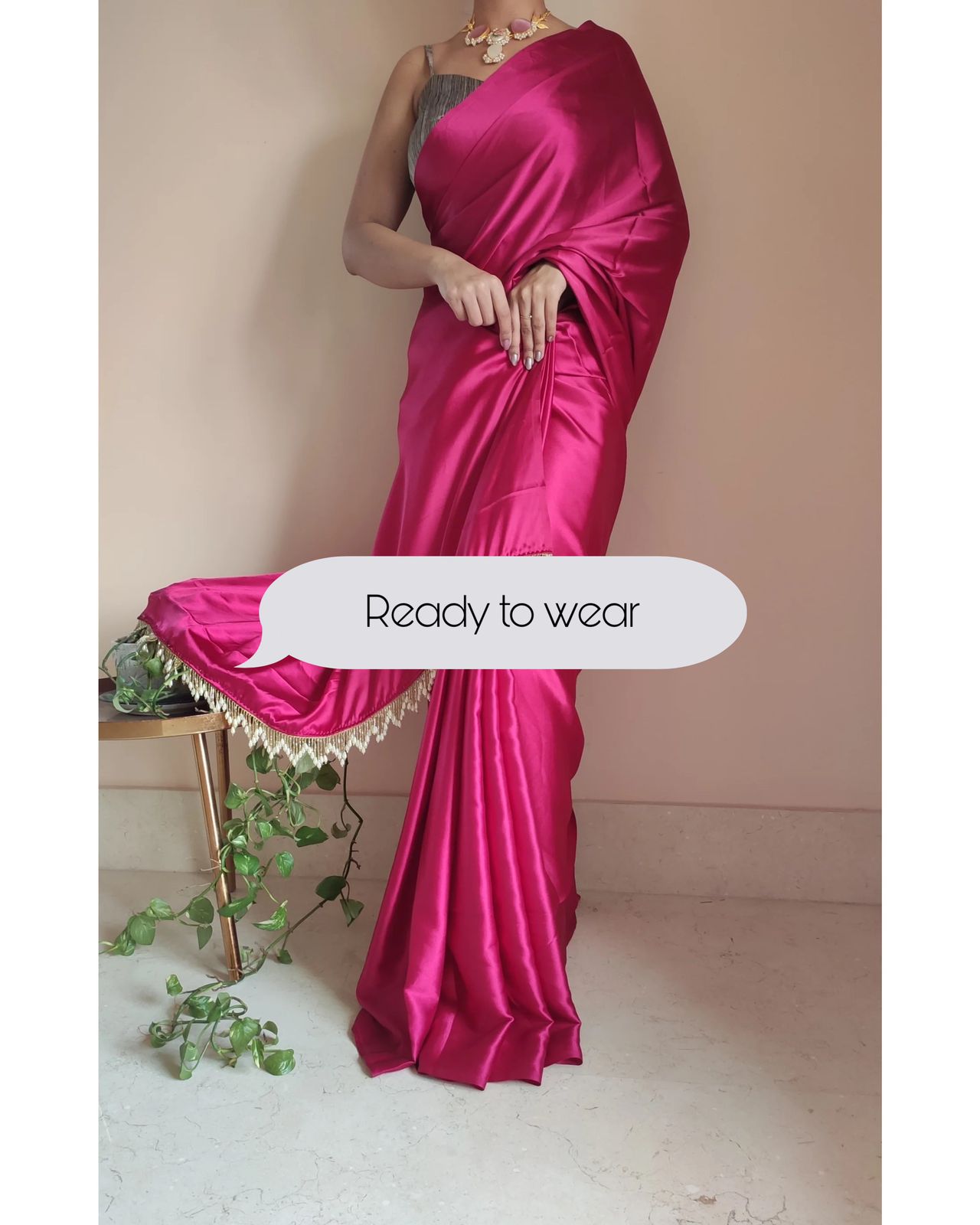 1-MIN READY TO WEAR  Hot Pink Satin Silk Saree With Handmade Tassels On Pallu