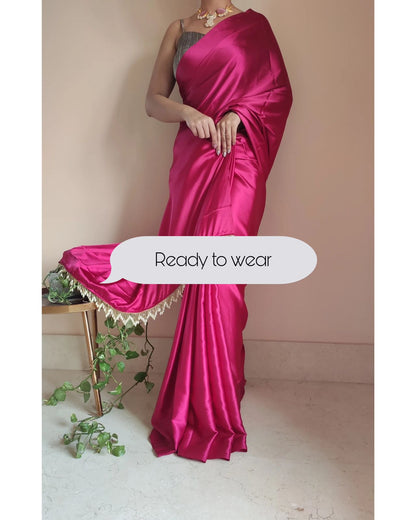 1-MIN READY TO WEAR  Hot Pink Satin Silk Saree With Handmade Tassels On Pallu