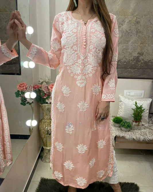 Peach Rayon Cotton Chikankari Kurta With Pant