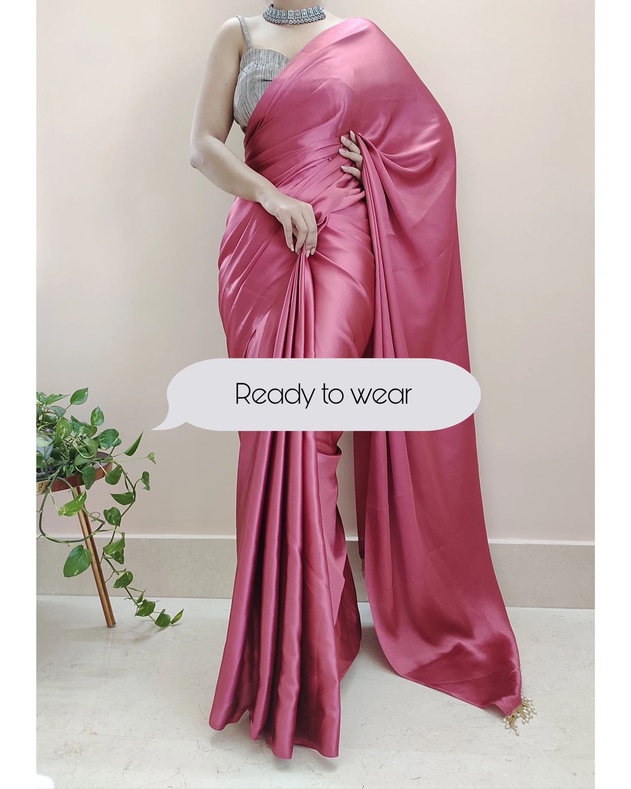 1-MIN READY TO WEAR  Rose Pink Satin Silk Saree With Handmade Tassels On Pallu