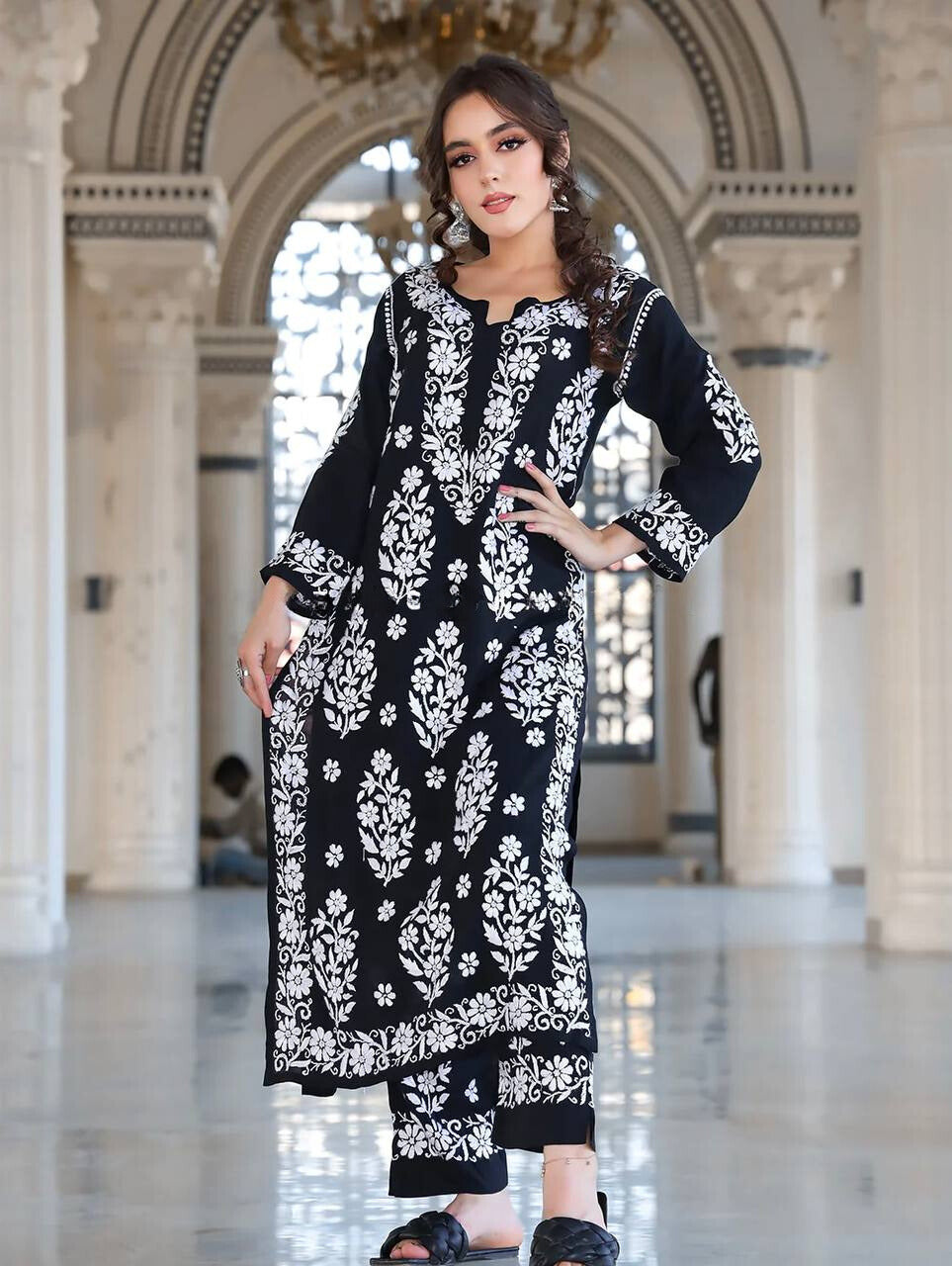 Black Faux Georgette Chikankari Kurta With Pant Set