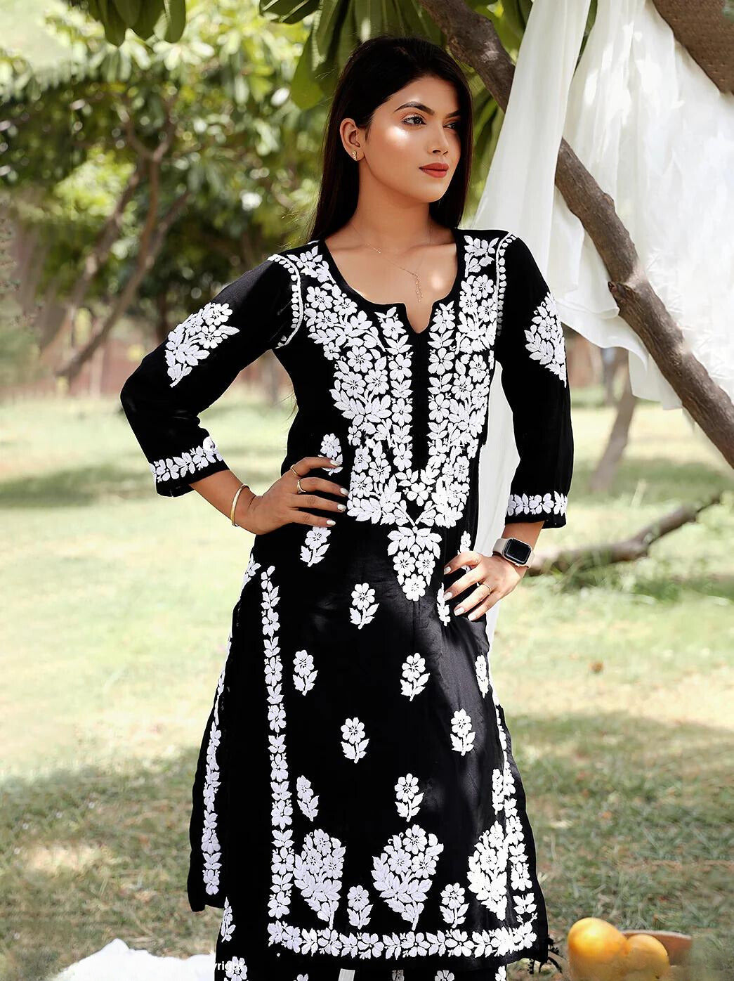 Black Rayon Cotton Chikankari Kurta With Palazzo