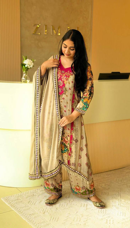 FANCY DESIGN WITH DIGITAL PRINTED A-LINE KURTA - PLAZZO WITH