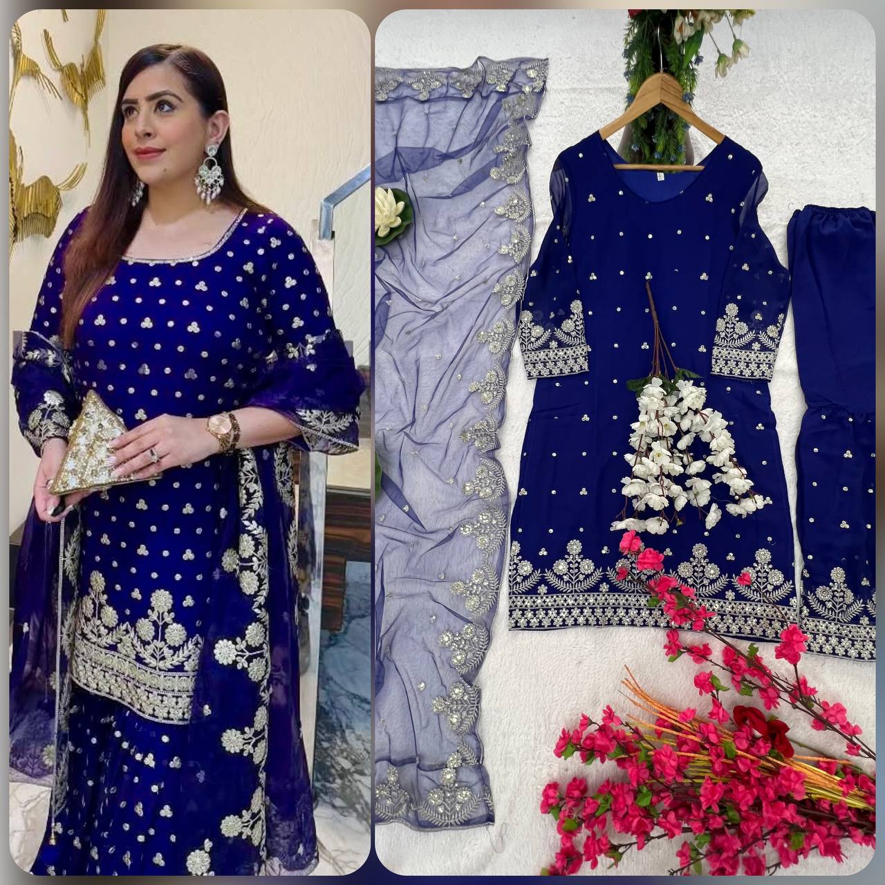 blue colored Embroidered Attractive function Wear gorgette Silk fabric Kurti pair