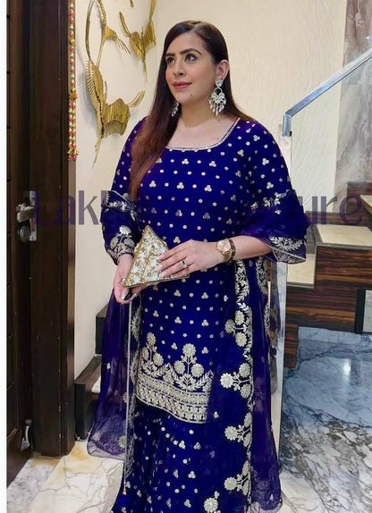 blue colored Embroidered Attractive function Wear gorgette Silk fabric Kurti pair