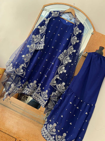 blue colored Embroidered Attractive function Wear gorgette Silk fabric Kurti pair