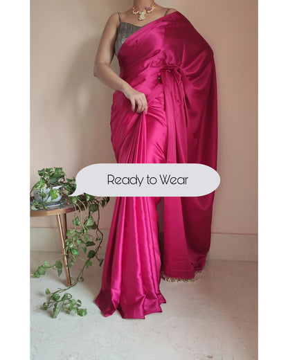 1-MIN READY TO WEAR  Hot Pink Satin Silk Saree With Handmade Tassels On Pallu