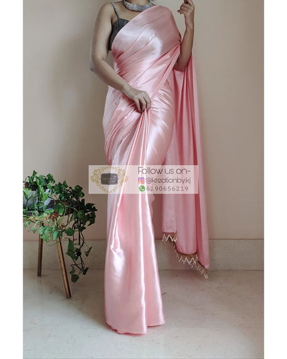 1-MIN READY TO WEAR  Peach Satin Silk Saree With Handmade Tassels On Pallu