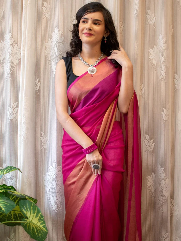 1-MIN READY TO WEAR SAREE IN PREMIUM CHIFFON SILK WITH ZARI PATTA