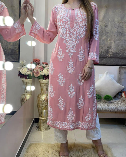 Rayon Cotton Chikankari Kurta With Pant Set