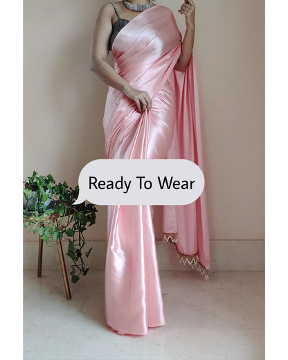 1-MIN READY TO WEAR  Peach Satin Silk Saree With Handmade Tassels On Pallu