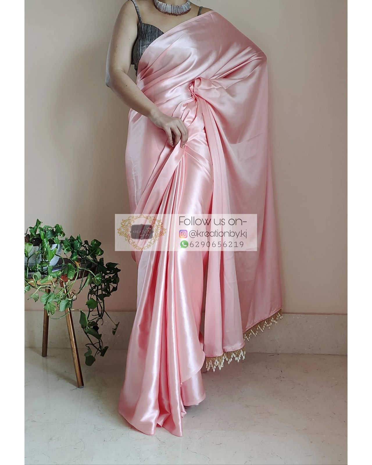 1-MIN READY TO WEAR  Peach Satin Silk Saree With Handmade Tassels On Pallu