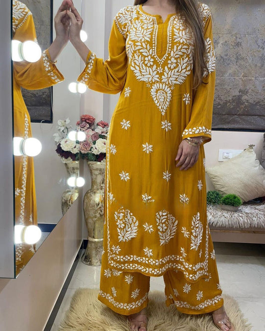 Mustard Yellow Rayon Cotton Chikankari Kurta With Palazzo Set