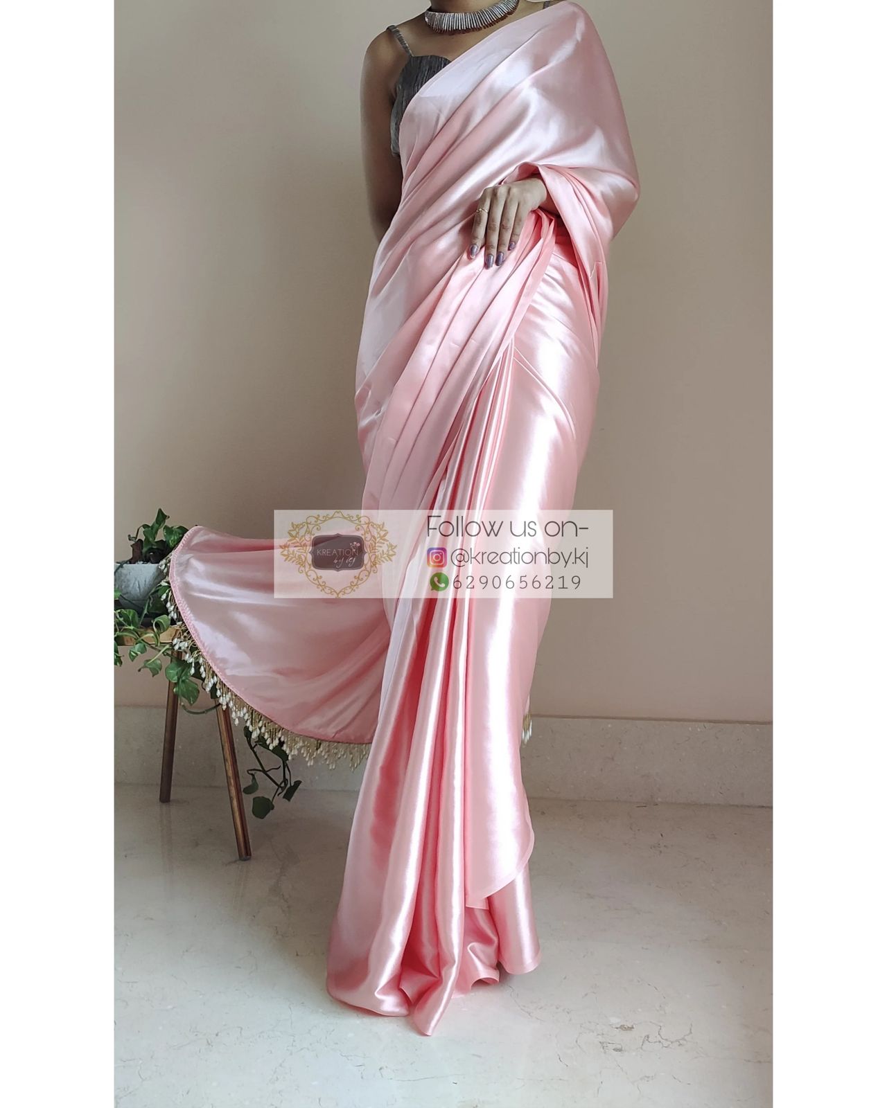 1-MIN READY TO WEAR  Peach Satin Silk Saree With Handmade Tassels On Pallu