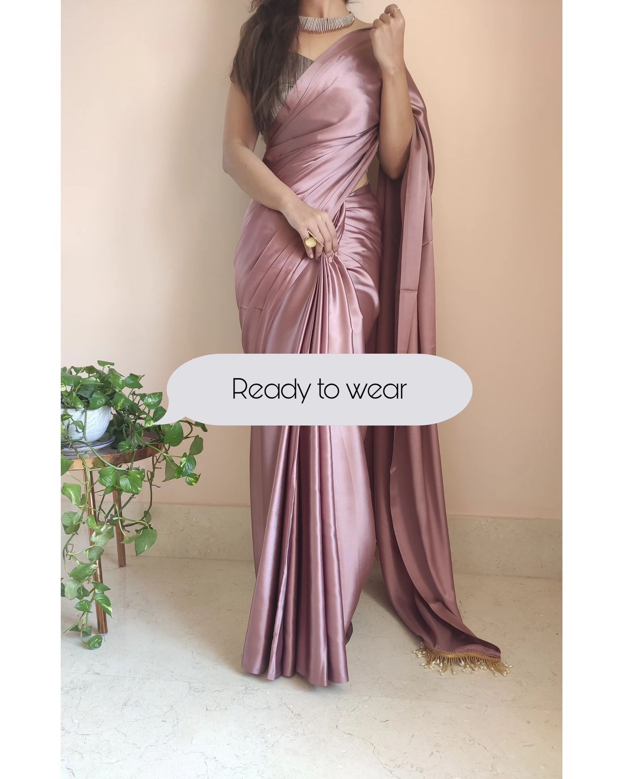 1-MIN READY TO WEAR Rose Gold Satin Silk Saree With Handmade Tassels On Pallu