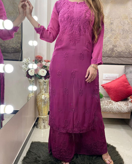 Magenta Pink Viscose Georgette Chikankari Kurta With Palazzo