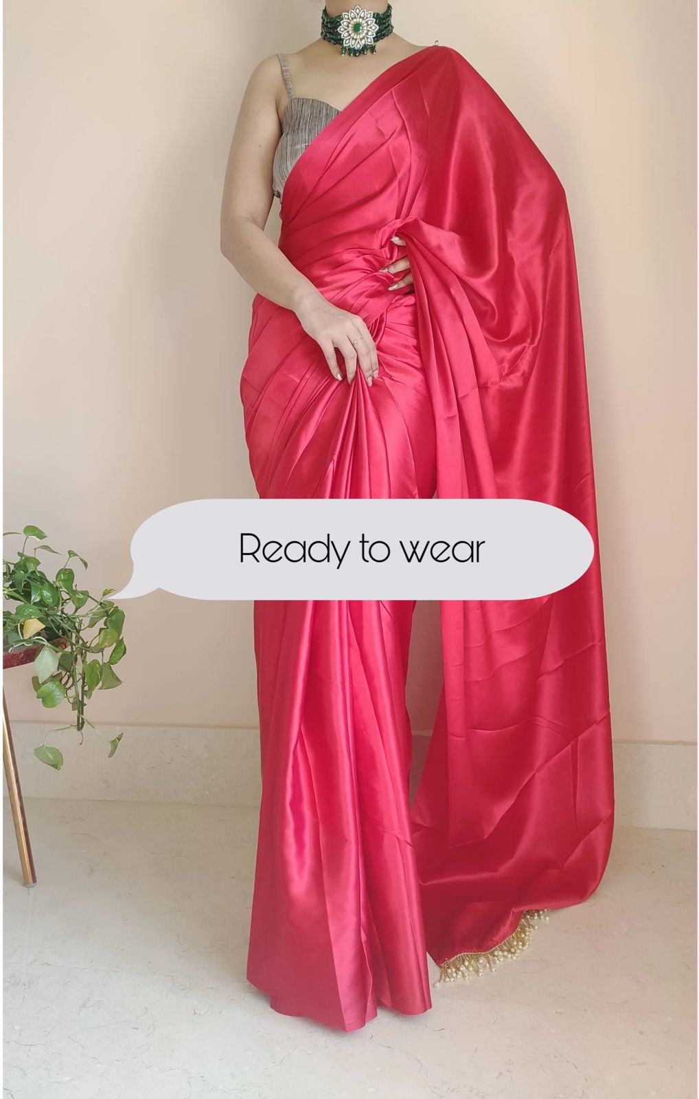 1-MIN READY TO WEAR Tomato Red Satin Silk Saree With Handmade Tassels On Pallu