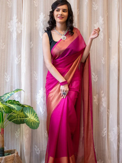 1-MIN READY TO WEAR SAREE IN PREMIUM CHIFFON SILK WITH ZARI PATTA