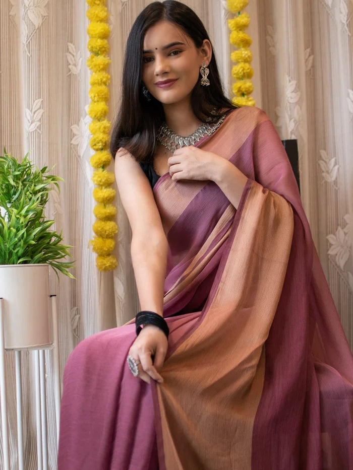 1-MIN READY TO WEAR PEACH PEDING  SAREE IN PREMIUM CHIFFON SILK WITH ZARI PATTA