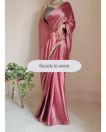 1-MIN READY TO WEAR  Dusty Rose Satin Silk Saree With Handmade Tassels On Pallu