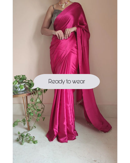 1-MIN READY TO WEAR  Hot Pink Satin Silk Saree With Handmade Tassels On Pallu