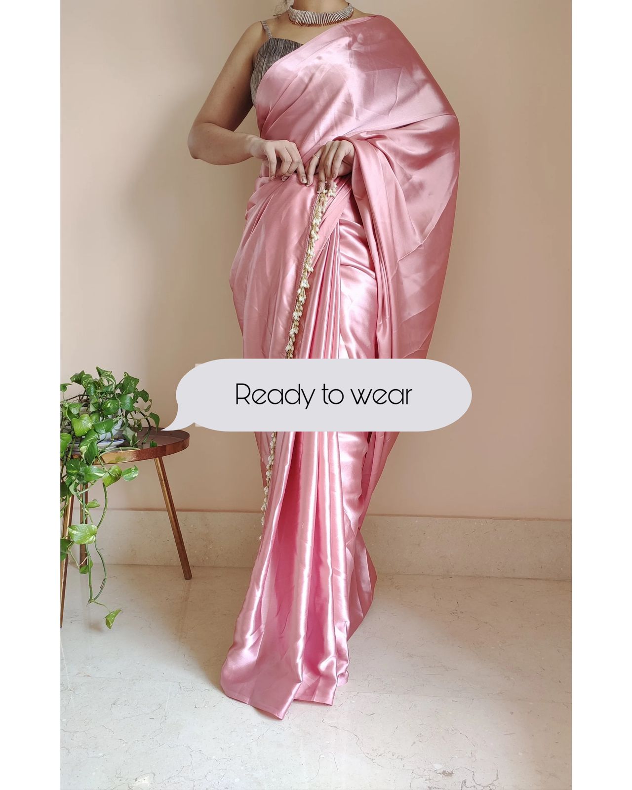 1-MIN READY TO WEAR  Old Rose Satin Silk Saree With Handmade Tassels On Pallu