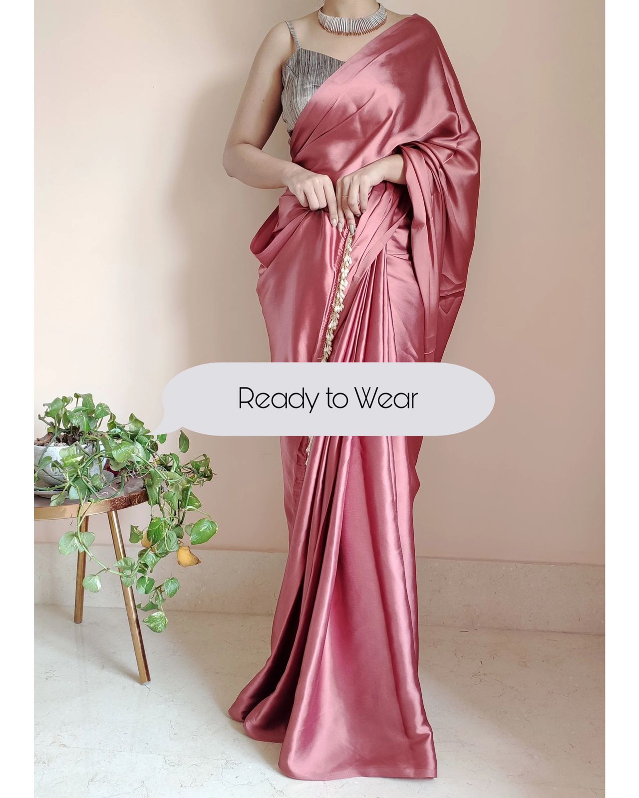 1-MIN READY TO WEAR  Dusty Rose Satin Silk Saree With Handmade Tassels On Pallu