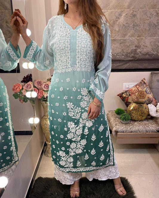 Ombre Viscose Georgette Chikankari Kurta With Palazzo