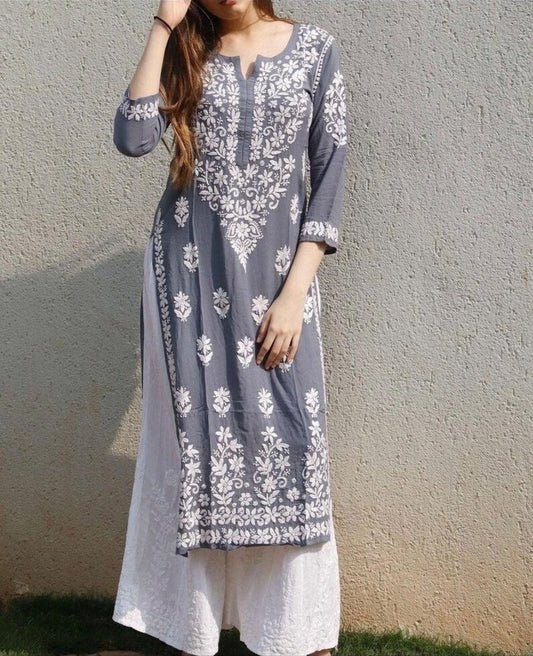 Gray Rayon Cotton Chikankari Embroidery Work Kurti With Palazzo