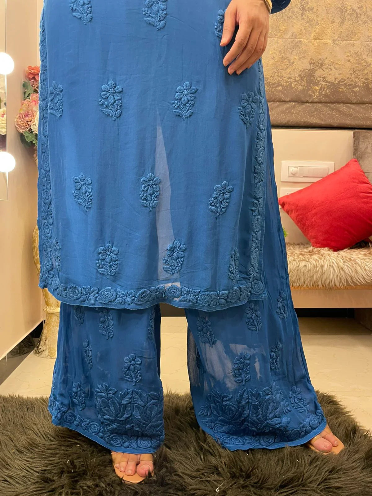 Blue Viscose Georgette Chikankari Kurta With Palazzo