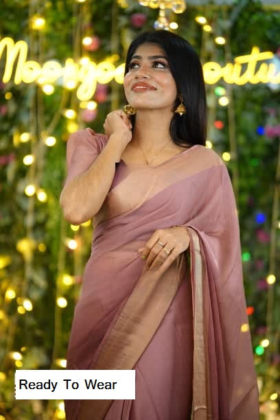 1-MIN READY TO WEAR PEACH PEDING  SAREE IN PREMIUM CHIFFON SILK WITH ZARI PATTA