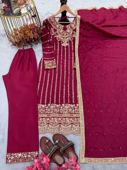 Elegant party wear Chinon silk set with detailed sequin and rivet moti work.