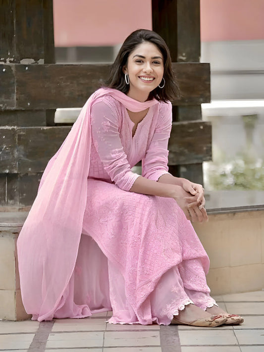 Viscose Georgette Chikankari Kurta With Palazzo And Dupatta