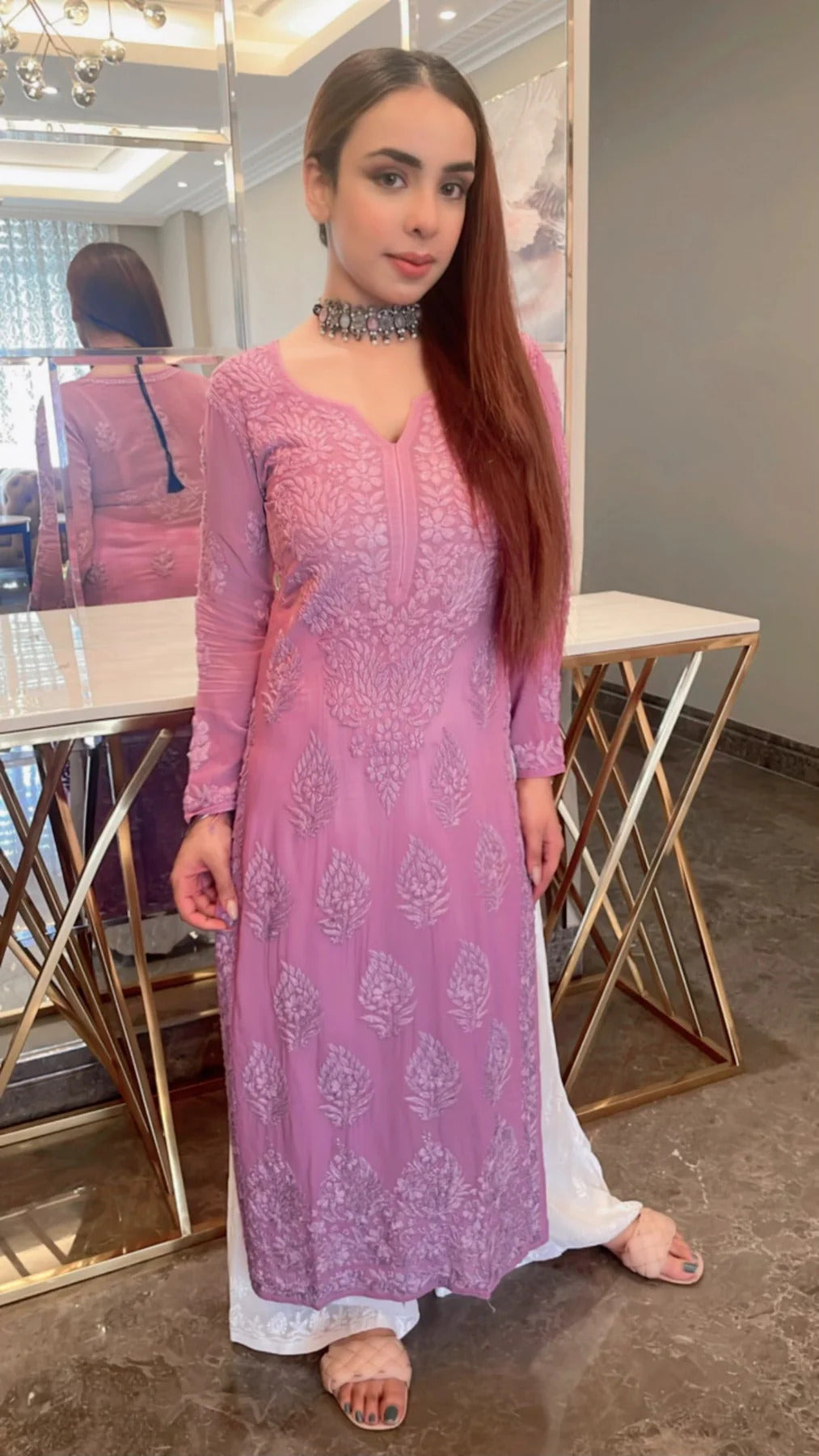 Ombre Pink Rayon Cotton Chikankari Kurta With Palazzo