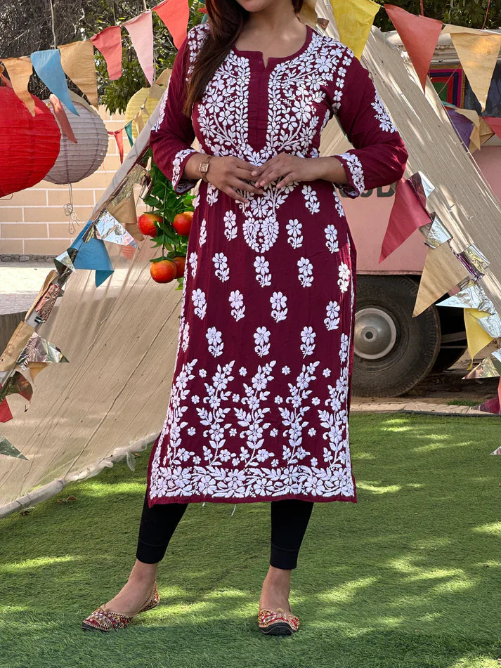 Maroon Rayon Cotton Chikankari Kurta With Pant